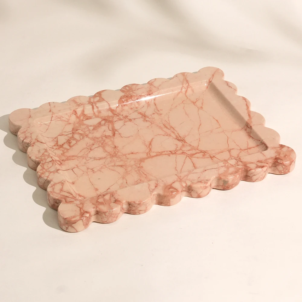 Luxury Bulgari Pink Rectangle Marble Tray with Wave Edge