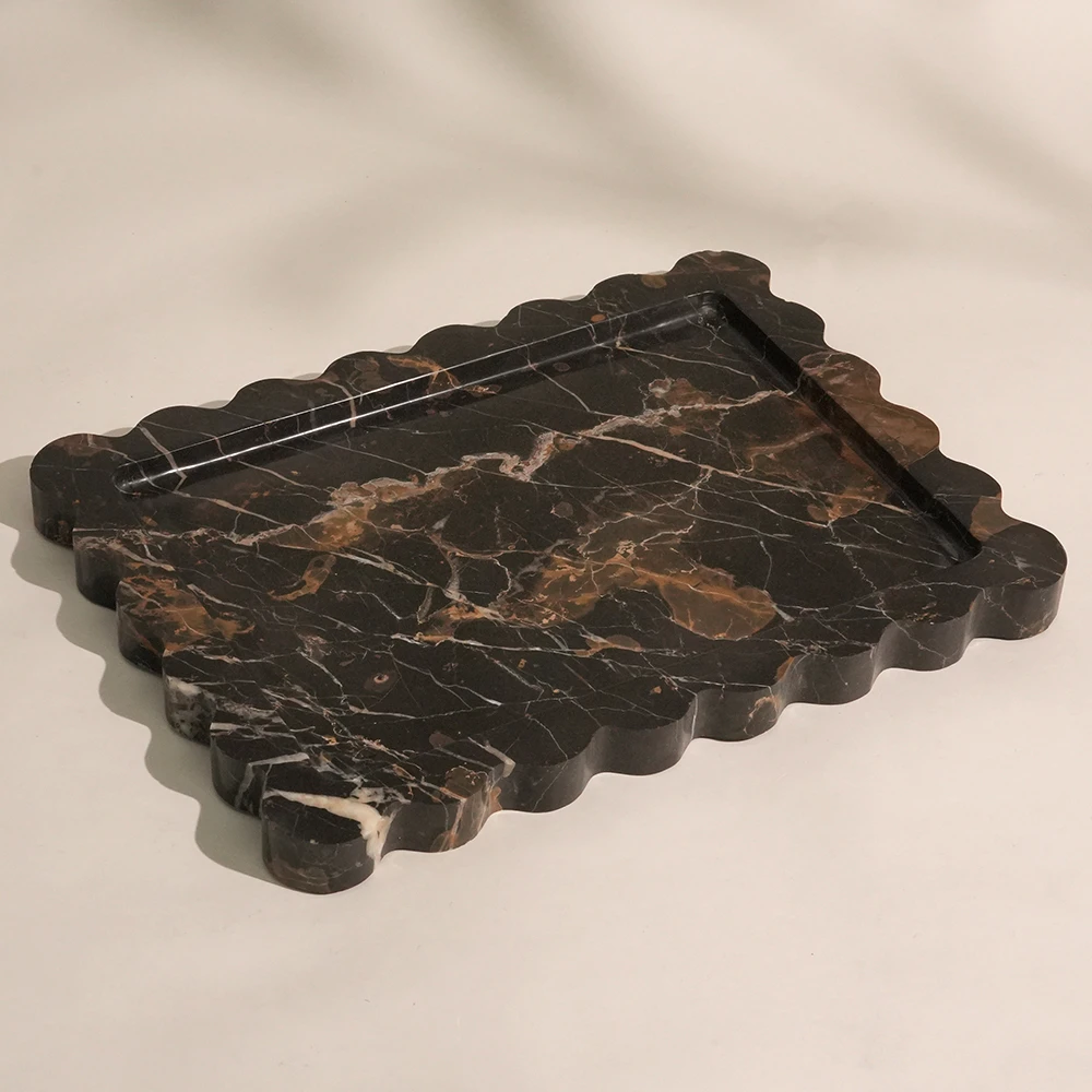 Luxury Portoro Rectangle Marble Tray with Wave Edge
