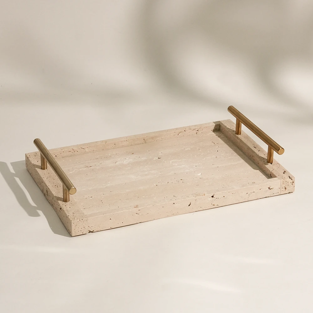 Travertine Tray with Metal Handle