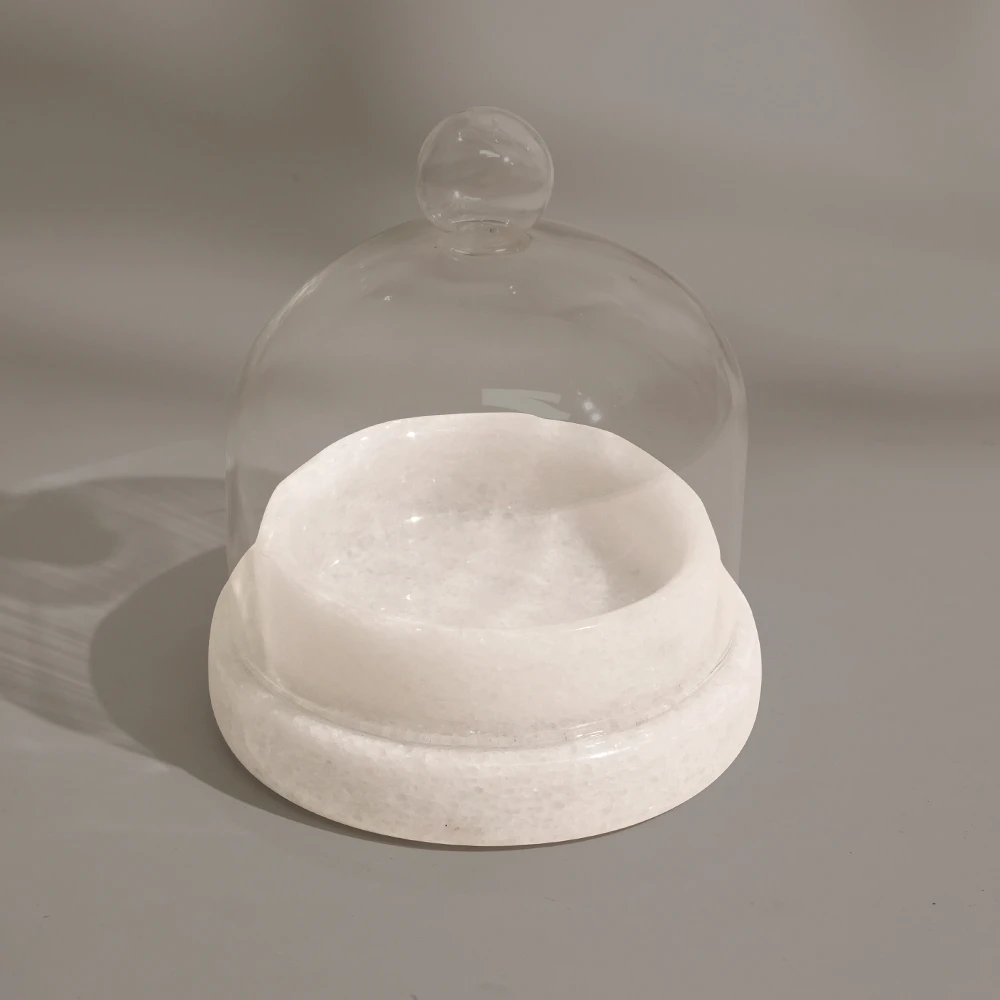 White Grey Marble Butter Keeper with Glass Dome