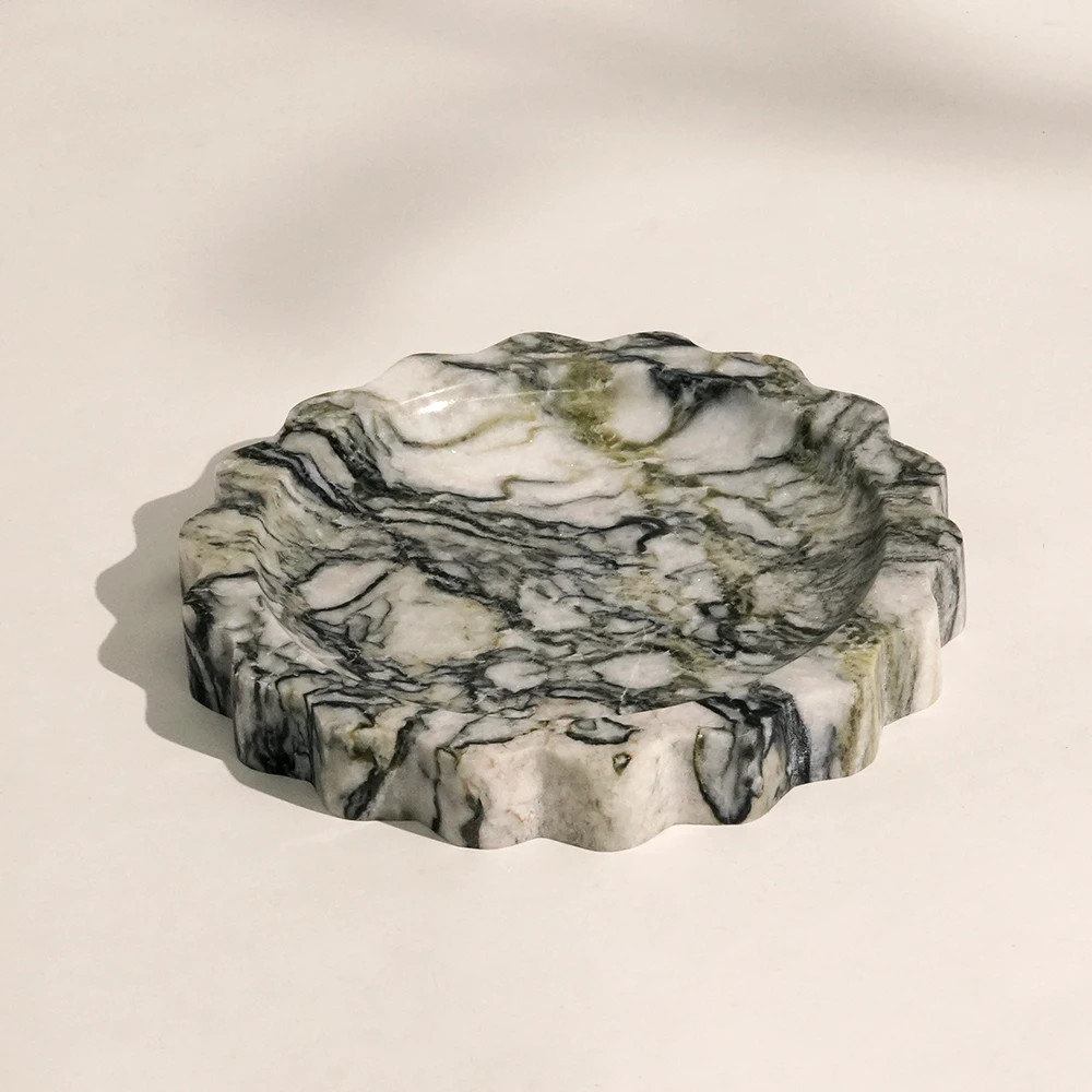 Green Emerald Round Marble Tray with Wave Edge