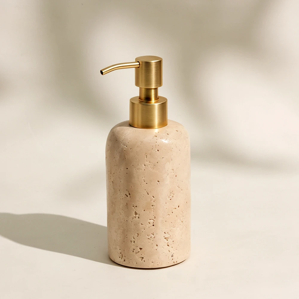 Travertine Cylinder-Shaped Dispenser with Zinc Alloy Pump