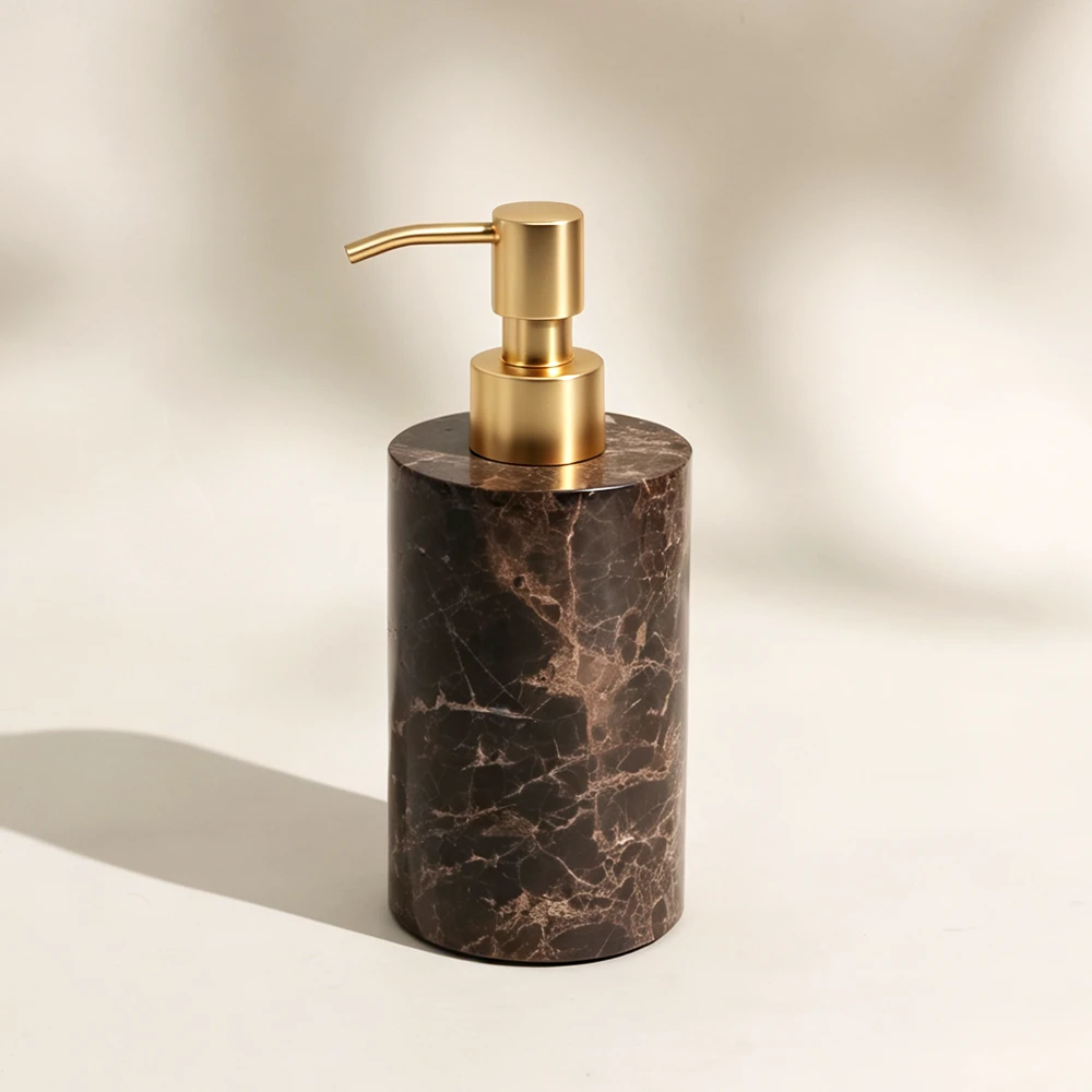 Dark Emperador Cylinder-Shaped Mable Dispenser with Zinc Alloy Pump