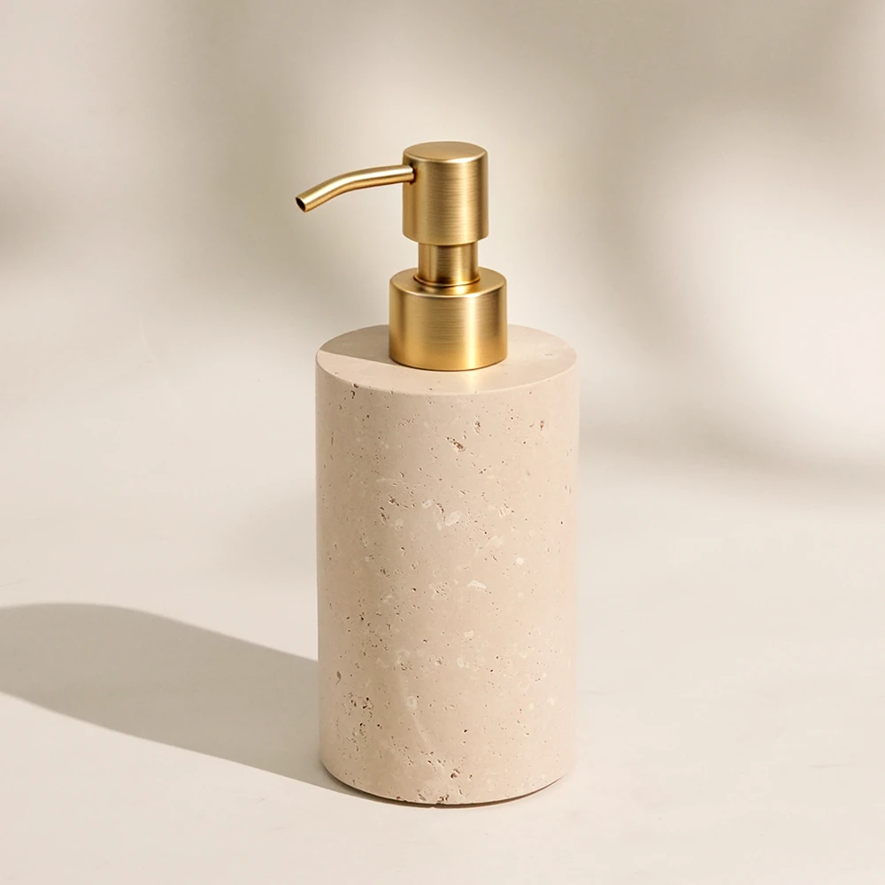 Travertine Cylinder-Shaped Dispenser with Zinc Alloy Pump