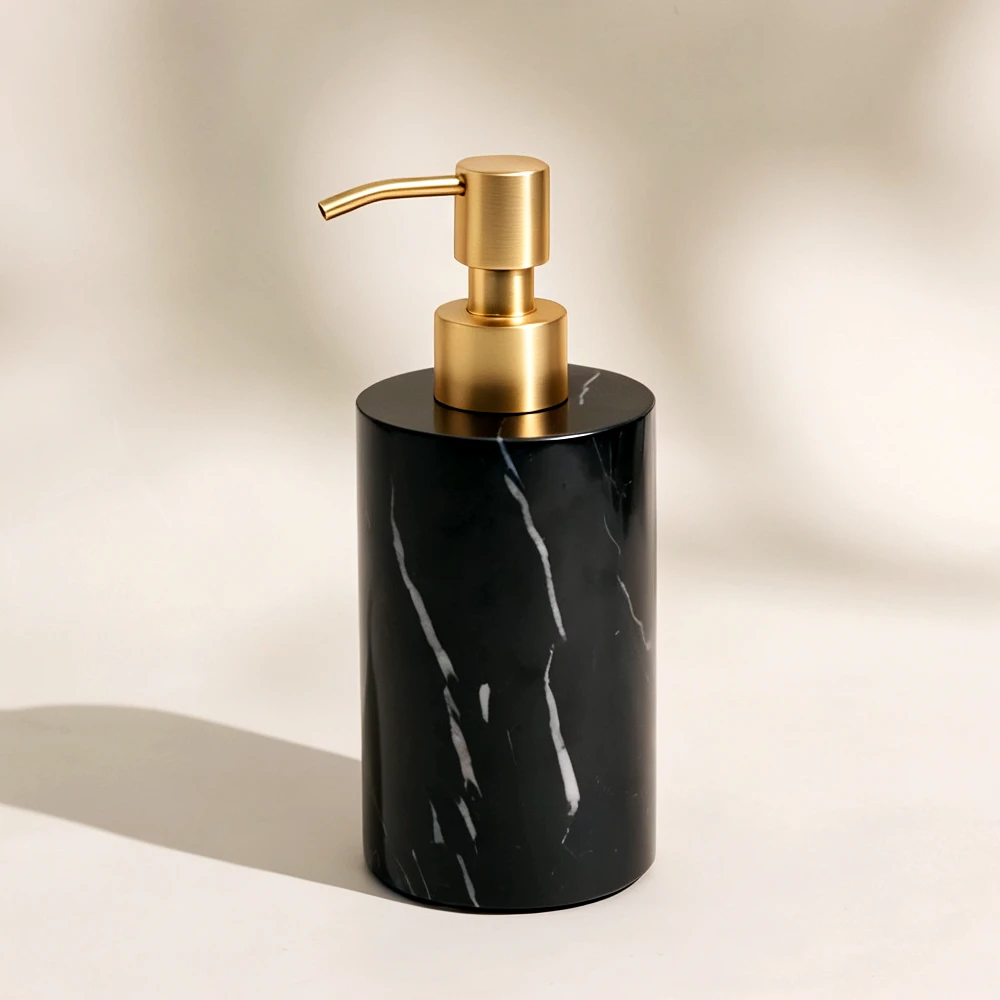 Nero Marquina Cylinder-Shaped Marble Dispenser with Zinc Alloy Pump