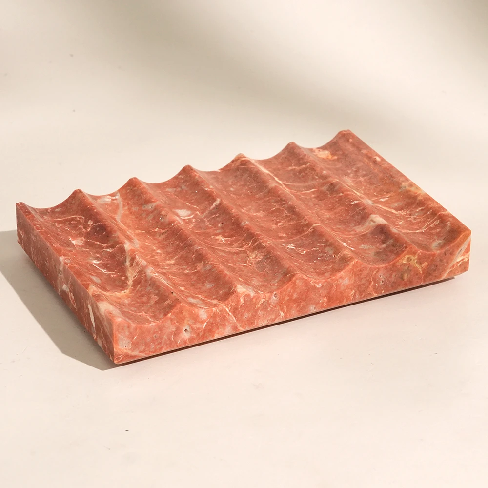 Red Travertine Marble Soap Dish with Wavy