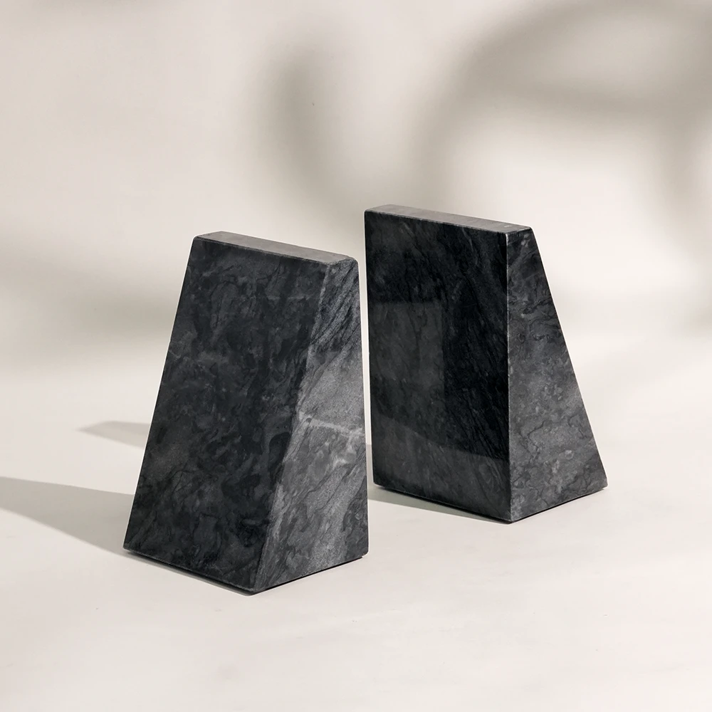 Set of 2 Dark Grey Natural Marble Trapezoidal Bookends