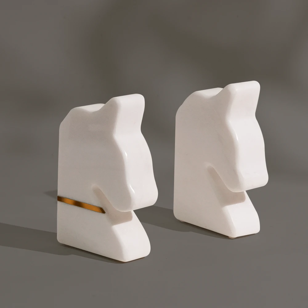 Set of 2 Horsehead White Marble Bookend with Copper Strips