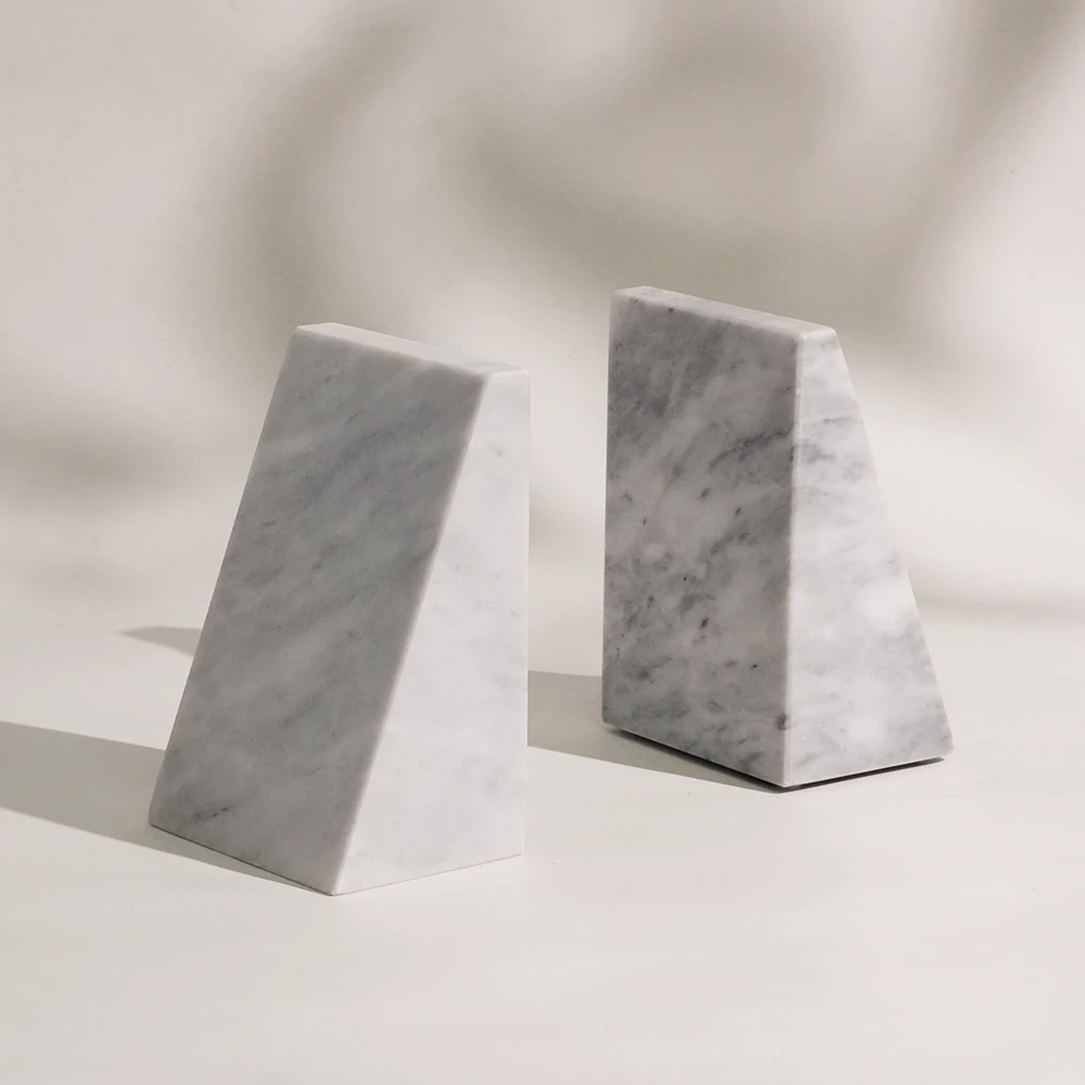 Set of 2 White Grey Trapezoidal Marble Bookends