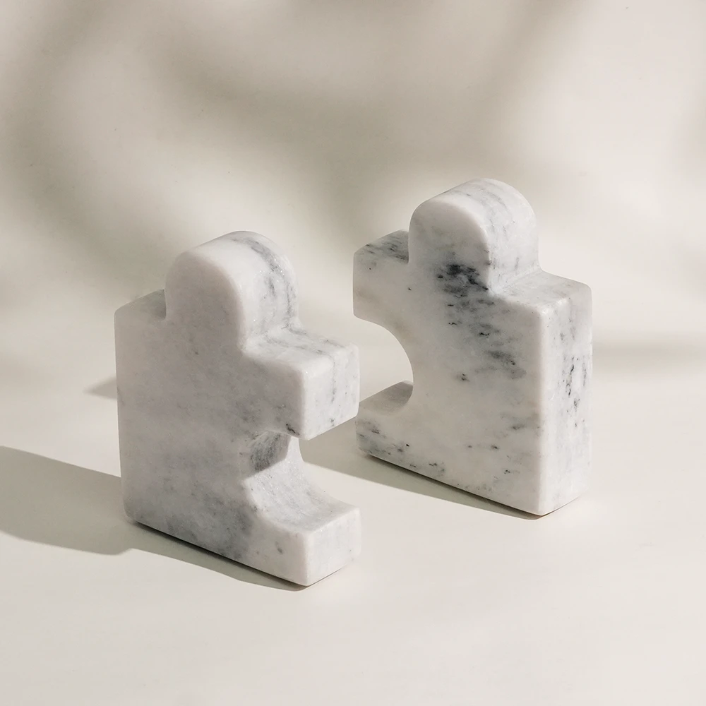 Set of 2 White Grey Marble Bookends