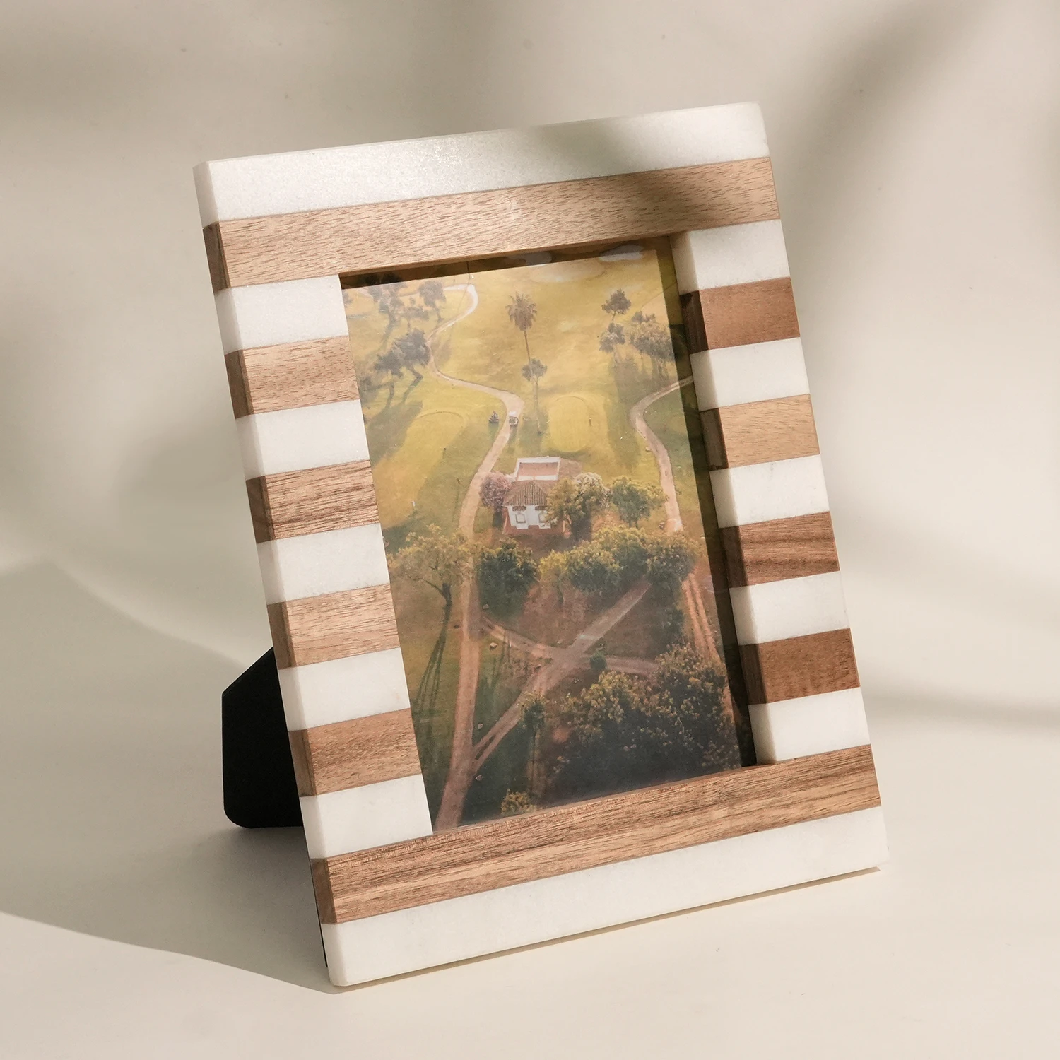 White Natural Marble and Acacia Wood Rectangle Photo Frame