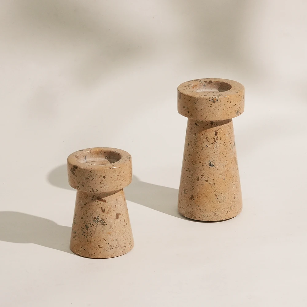 Set of 2 Mud Yellow Marble Pillar Candle Holder