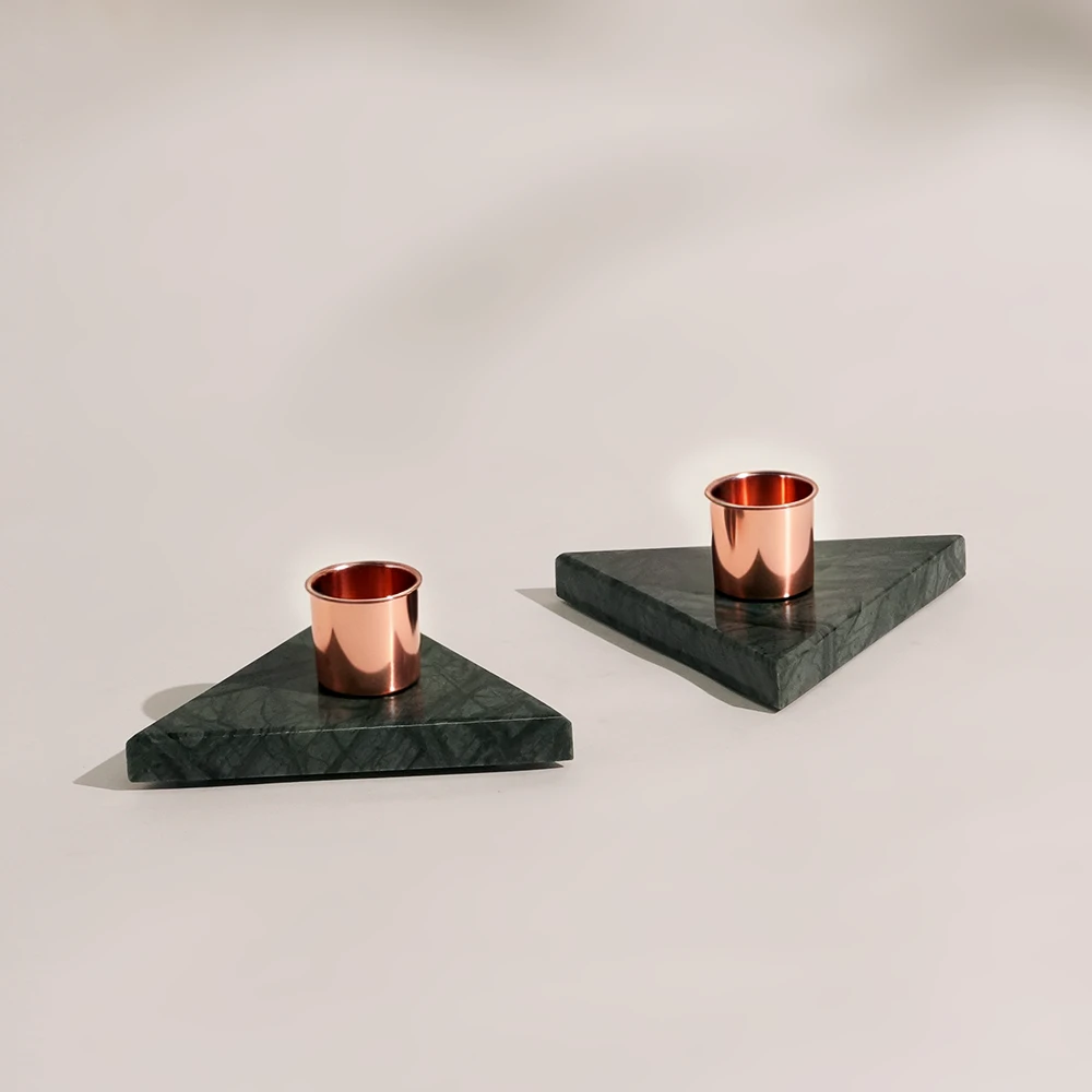 Green Natural Marble Triangle Stand with Metal Candle Holder