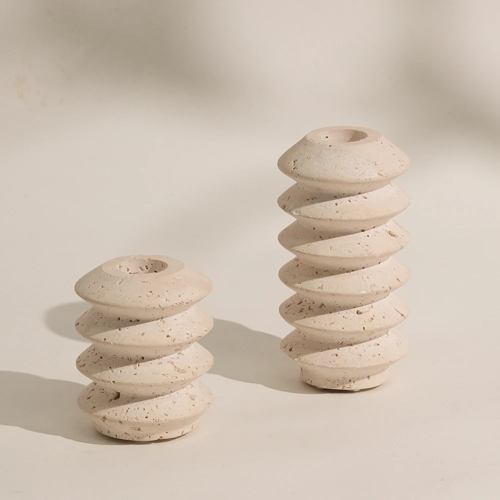 Set of 2 Natural Travertine Spiral-shaped Candle Holder