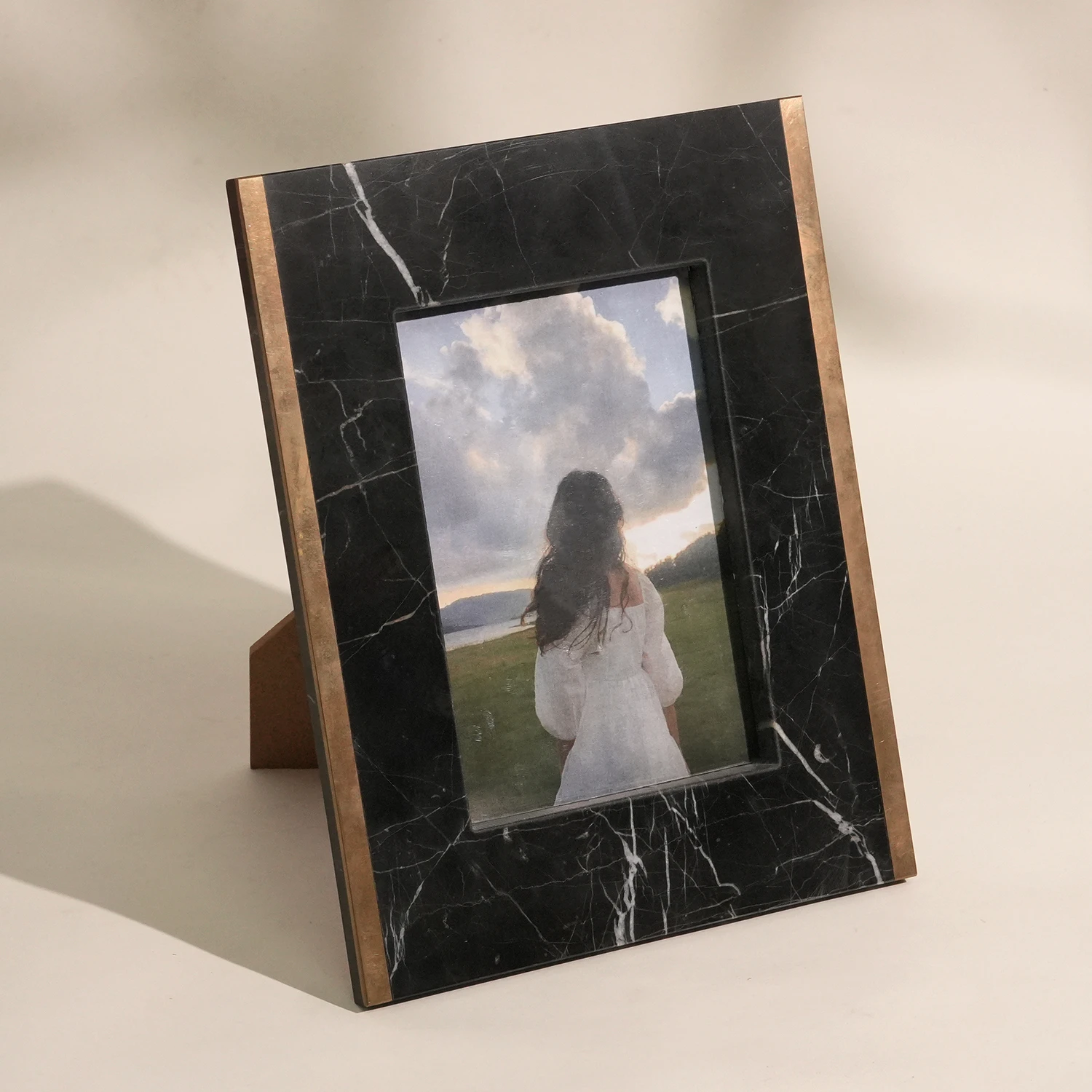 Natrual Nero Marquina Marble Rectangle Photo Frame with Copper Strips and Paper Backing Board