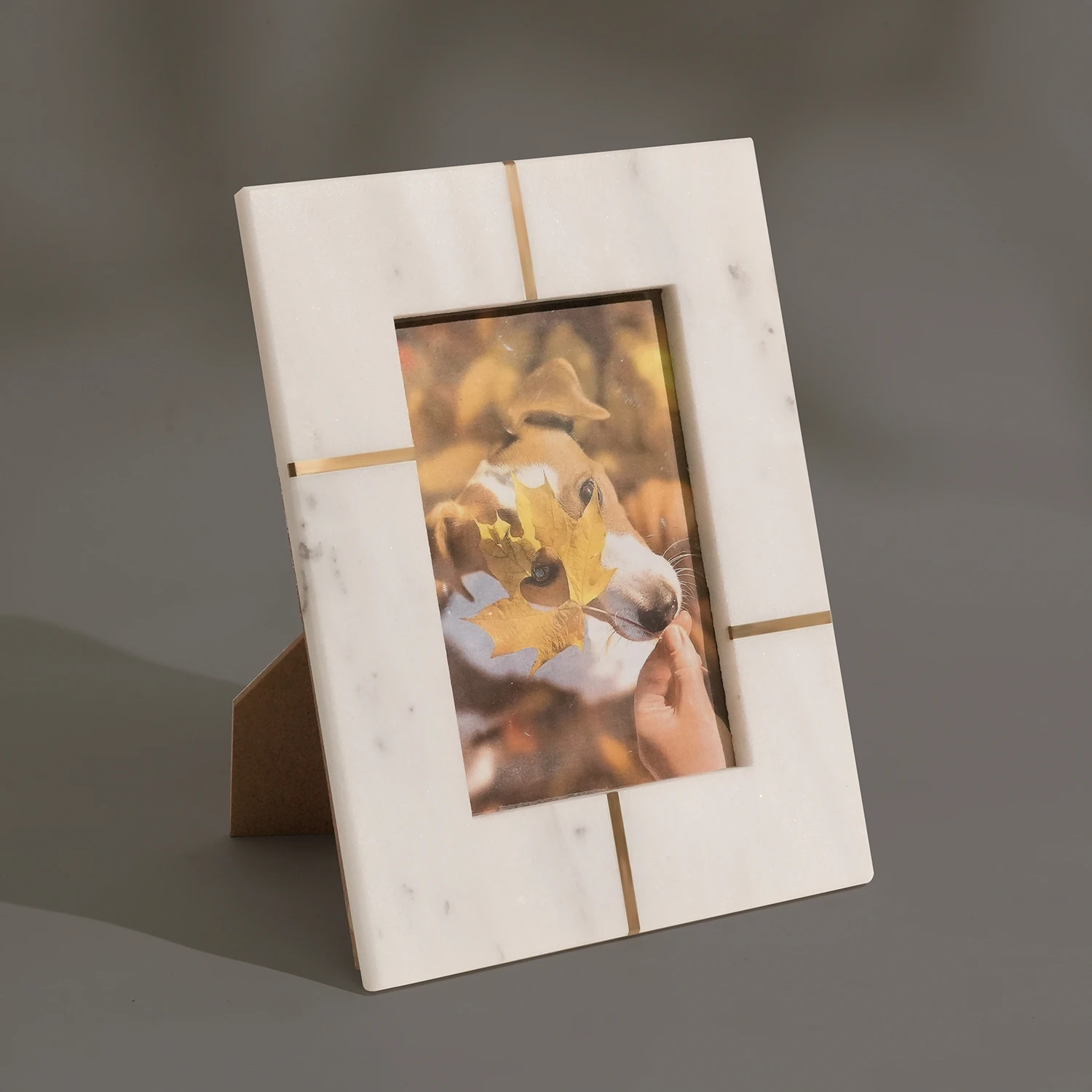 Natural White Marble Rectangle Photo Frame 4" x 6" with Copper Strips and  Paper Backing Board