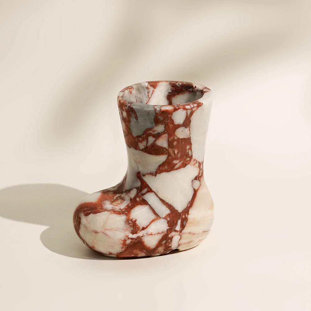 Natural Bulgari Red Marble Christmas Boot Shape Candle Holder