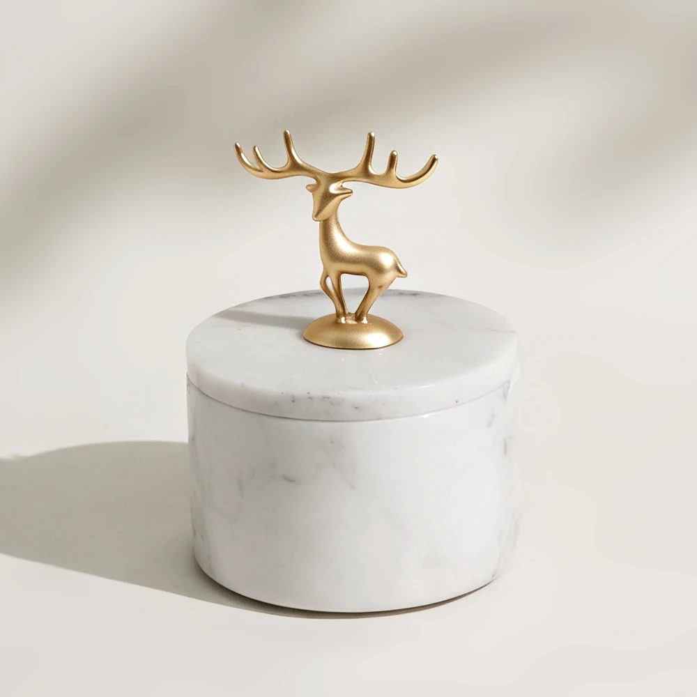 Natural White Grey Marble Jewelry Jar with Gold Zinc Alloy Animal Handle