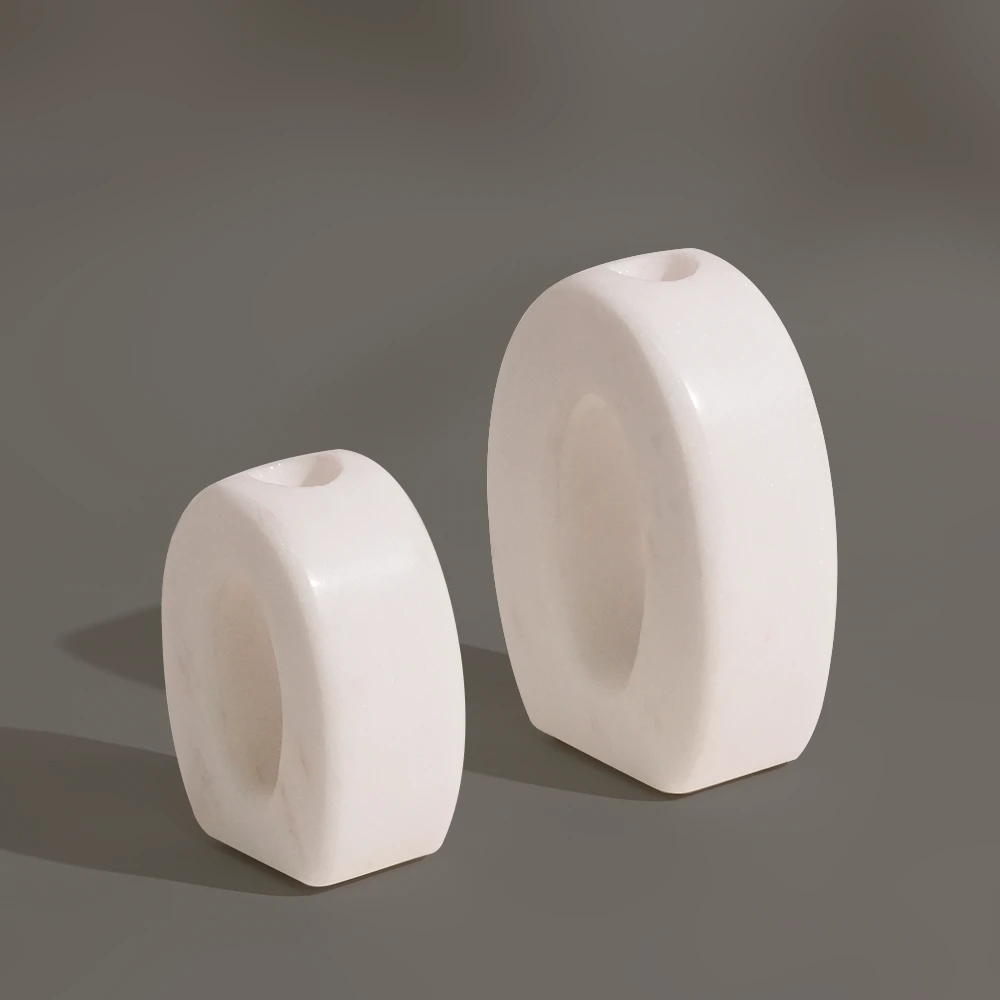 Set of 2 Natural White Marble 0 Shape Candle Holder