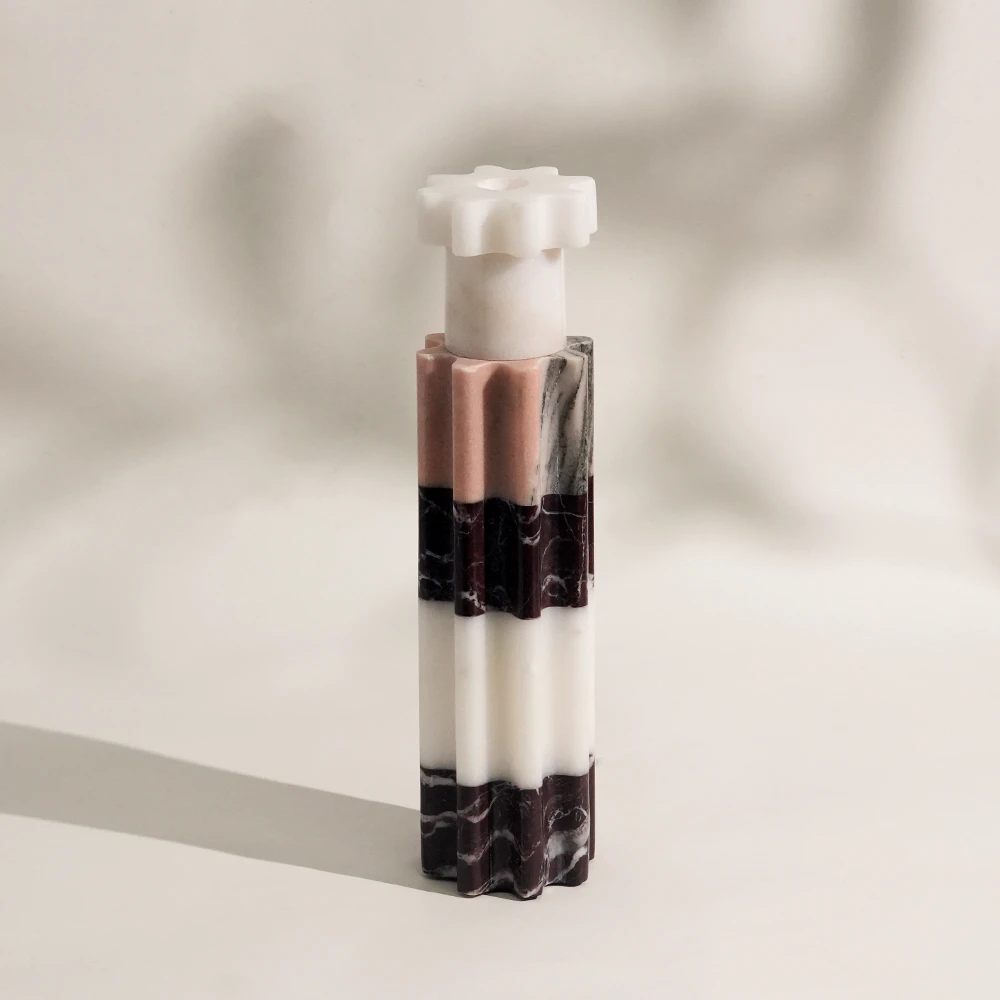 Natural Three Color Spliced Marble Pillar Candle Holder