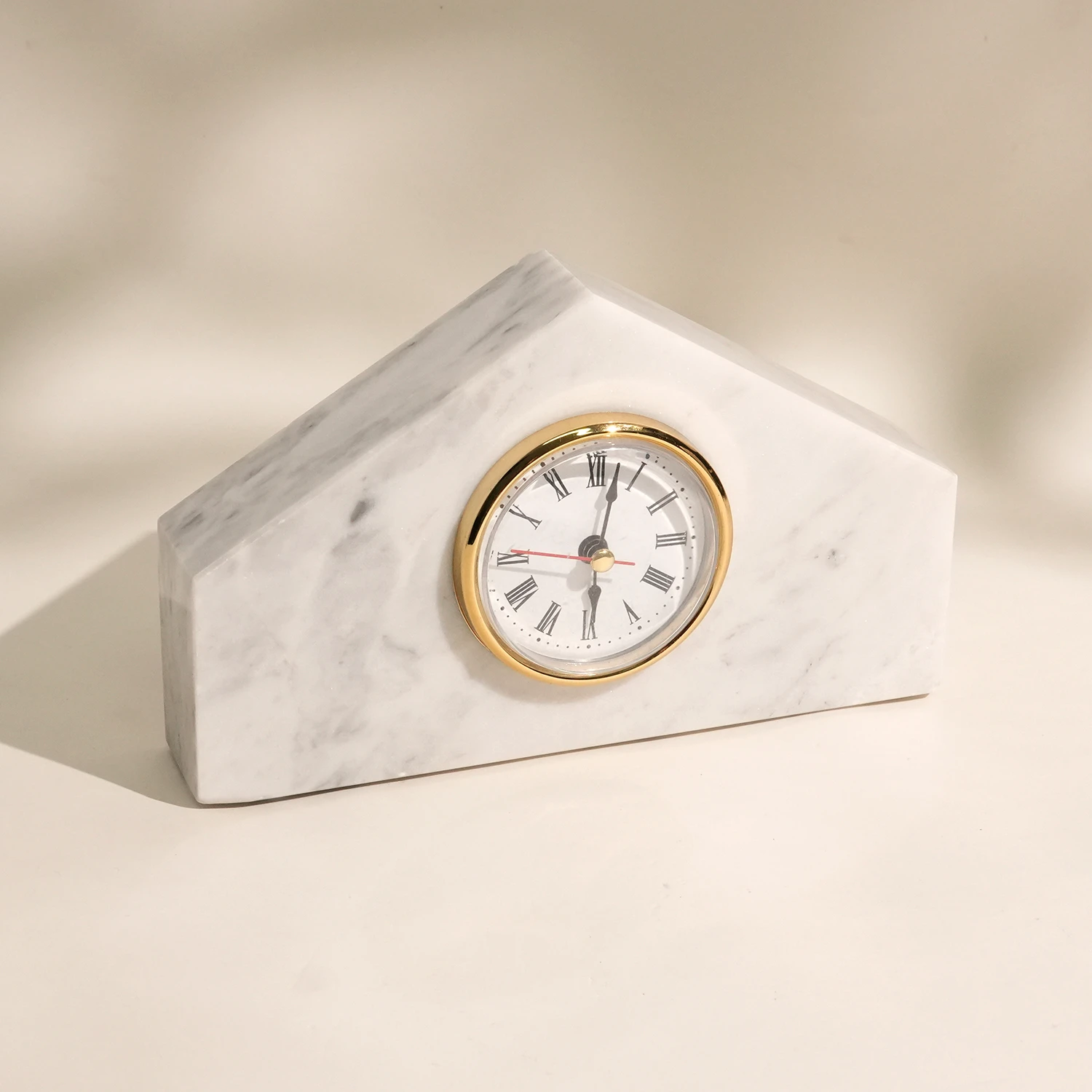 Natural Light White Grey House Shape Marble Table Clock without Battery
