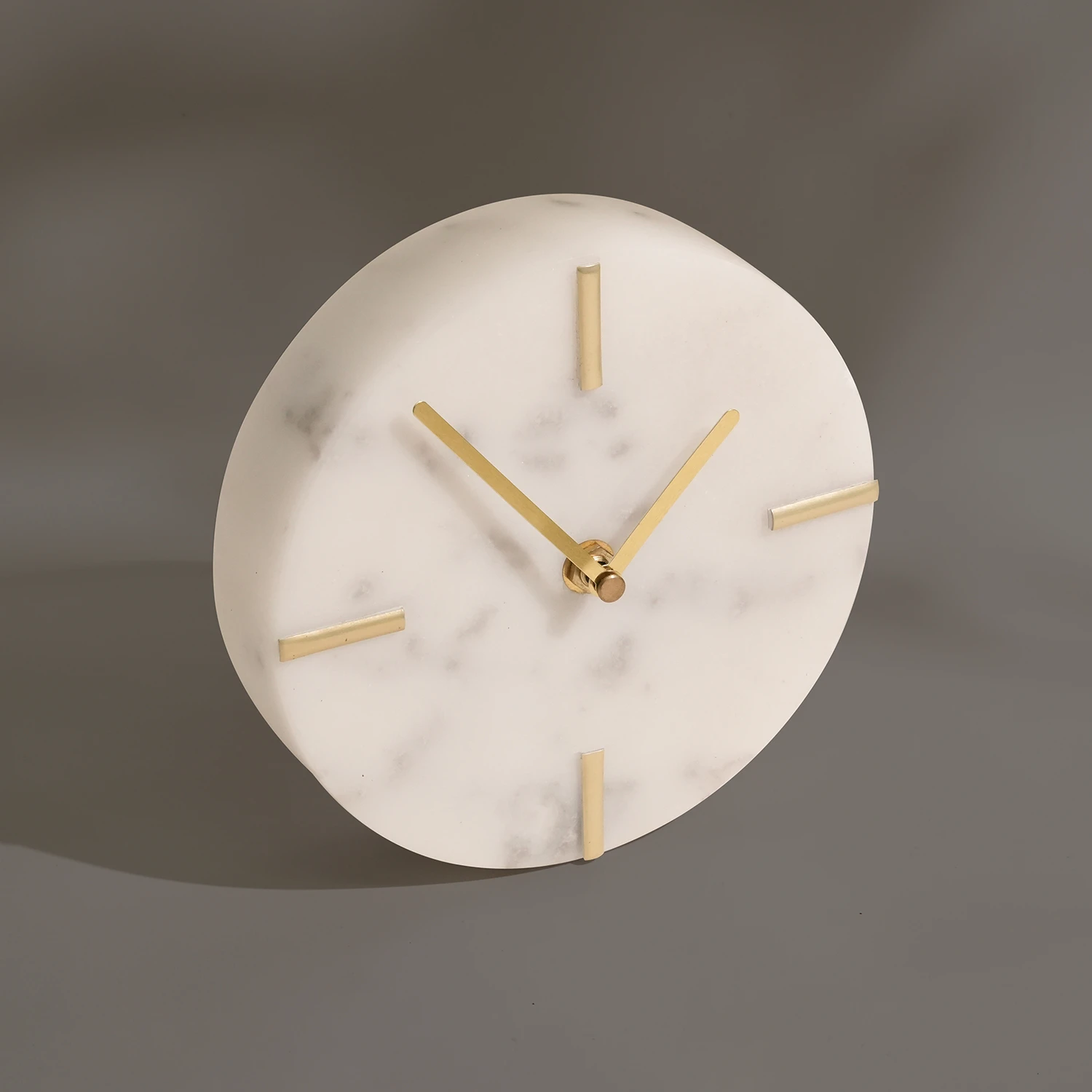 Natural White Round Marble Table Clock with Golden Hour Marks without Battery