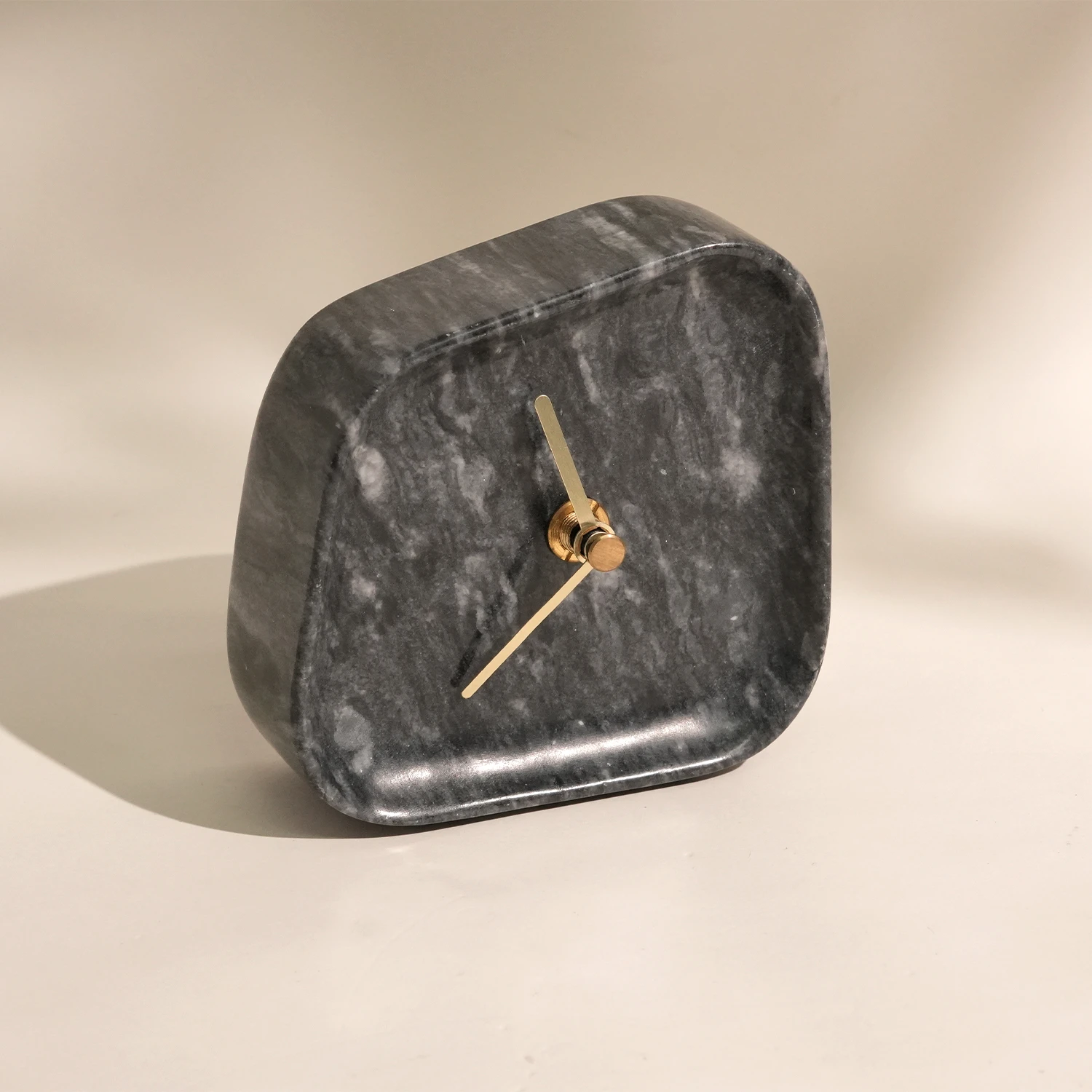 Natural Dark Grey Marble Table Clock with Golden Hour Marks without Battery