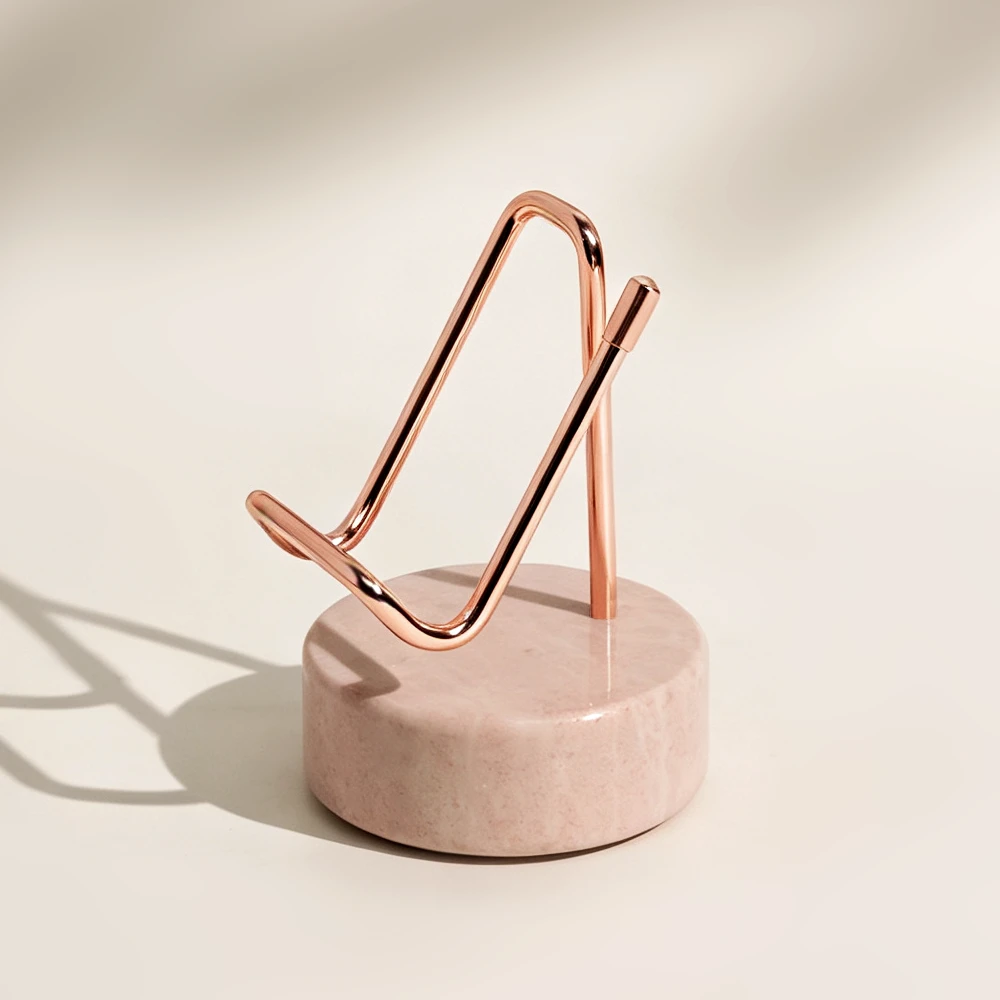 Gold Wire Phone Holder with Natural Pink Marble Stand
