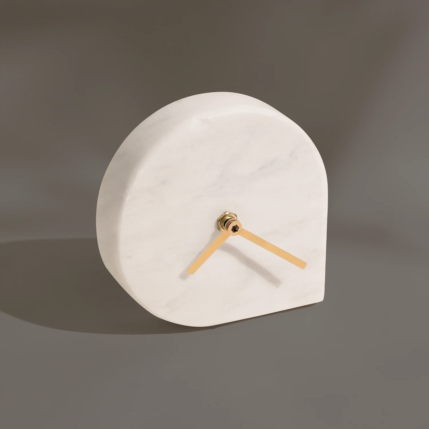 Natural Briolette White Grey Marble Table Clock with  Golden Aluminum Alloy Hour Marks without Batte