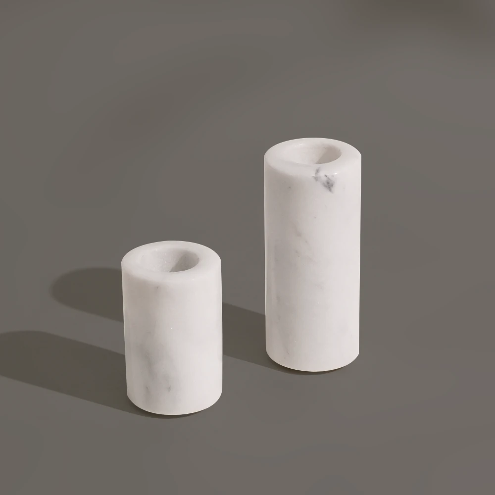 Set of 2 Natural White Grey Marble Pillar Candle Holder