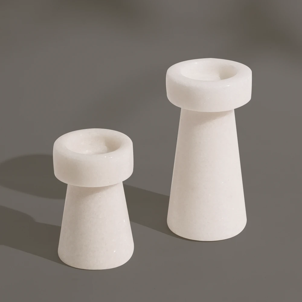 Set of 2 Natrual White Marble Pillar Candle Holder