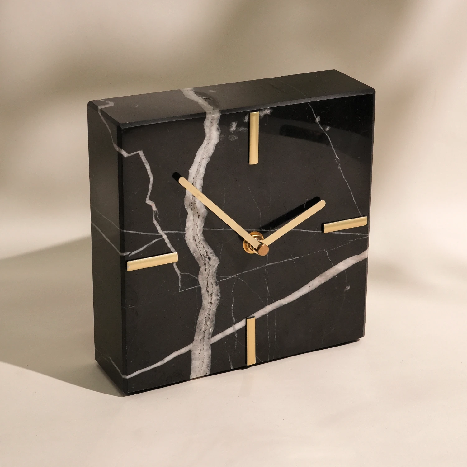 Natural Nero Marquina  Square Marble Table Clock with Golden Hour Marks without Battery